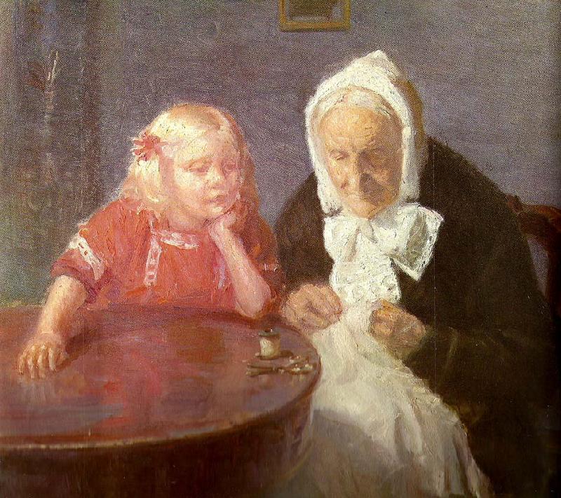 Anna Ancher bedstemor underholdes oil painting image